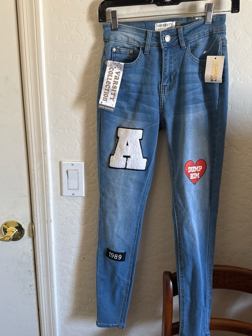Celebrity Pink Light Blue Patchwork Skinny Jeans with Red Heart Patch